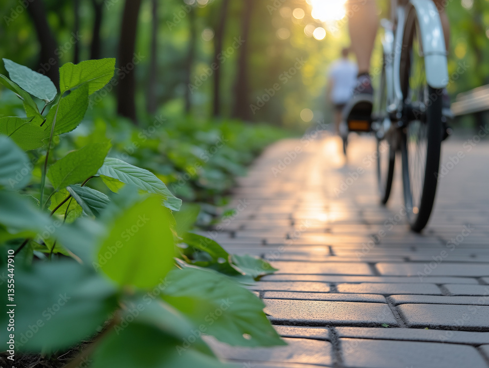 Naklejka premium Sunshine filtering through trees as a cyclist rides along a serene park pathway in the golden hour of late afternoon