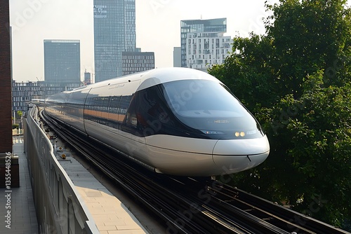 Modern train with city transit, and elevated track.