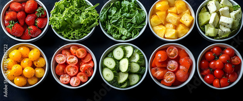 Colorful Variety Of Fresh Fruits And Vegetables In Bowls