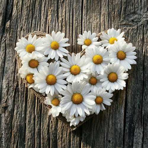 Daisy petals arranged in heart shape on rustic wood under warm sunlight, muted tones, and a romantic, simple design.