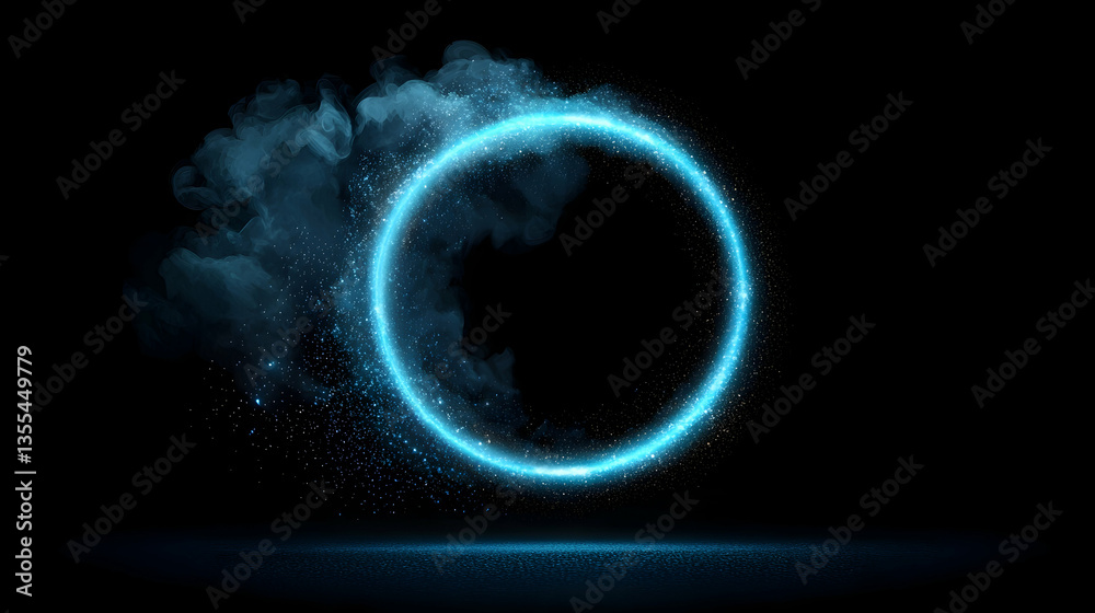 Obraz premium Glowing Blue Circle with Sparkles and Smoke on Dark Background