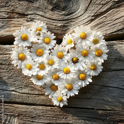 Daisy petals arranged in heart shape on rustic wood under warm sunlight, muted tones, and a romantic, simple design.