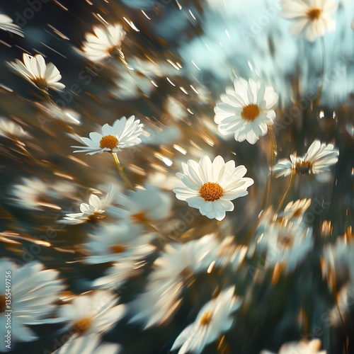Daisy petals blowing in the wind under bright daylight, motion blur, vibrant tones, and a dynamic, free-spirited composition.