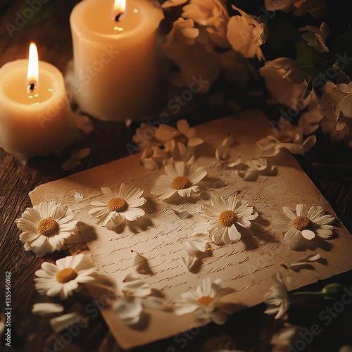 Daisy petals scattered on vintage letter under warm candlelight, soft shadows, warm tones, and a romantic, timeless aesthetic.
