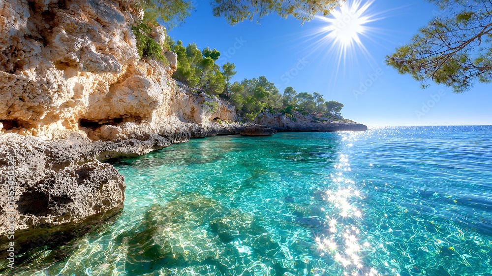Fototapeta premium Azure Coastal Paradise with Clear Turquoise Water and Vibrant Sunlight
