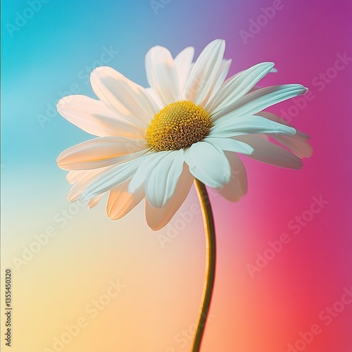 Daisy photographed against colorful gradient background under studio lighting, bold contrasts, and a modern, artistic aesthetic.