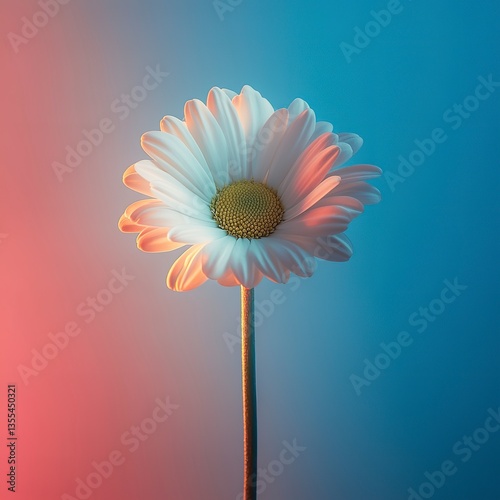 Daisy photographed against colorful gradient background under studio lighting, bold contrasts, and a modern, artistic aesthetic.