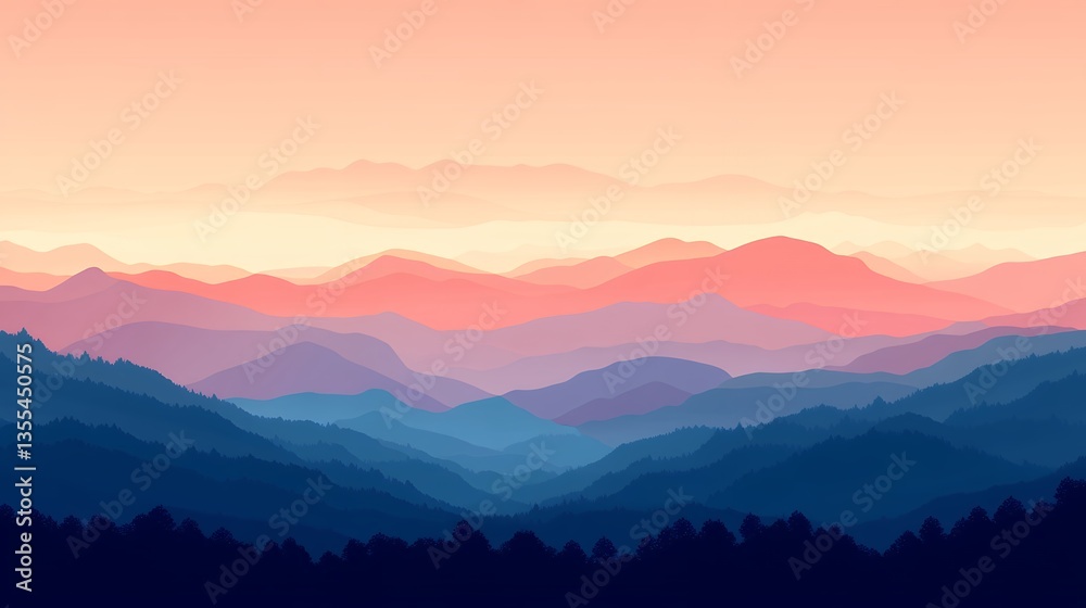 Serene Mountain Range Landscape with Colorful Layers and Sunset Sky Serene Mountain Range Landscape with Colorful Layers and Sunset Sky