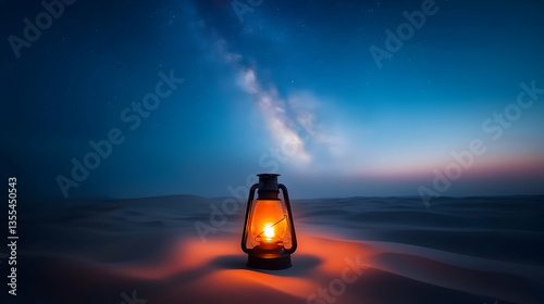 Illuminated Lantern in a Desert Night Underneath the Milky Way