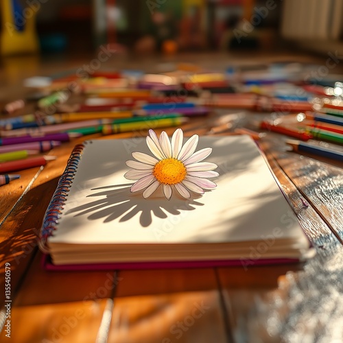 Daisy placed in childÃ¢â‚¬â„¢s sketchbook surrounded by crayons under soft indoor light, colorful tones, and a playful, creative atmosphere.
