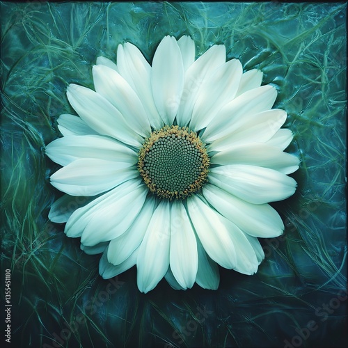 Daisy surrounded by green grass in macro shot under diffused light, intricate details, soft textures, and a serene, natural environment.