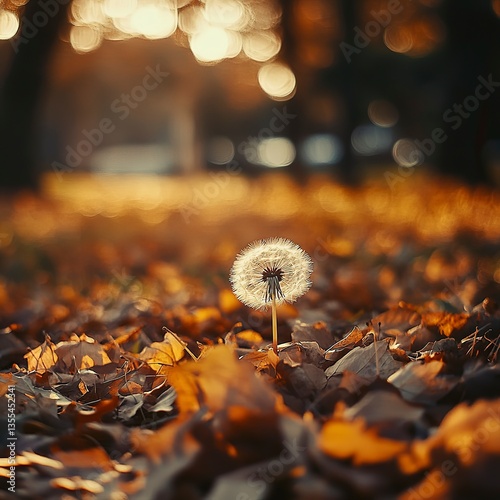 Dandelion among fallen autumn leaves under evening glow, warm gold and orange tones, crisp textures, and seasonal, calming feel.