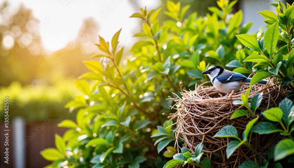 Jay bird nesting in garden hedge at sunrise, nature's harmony