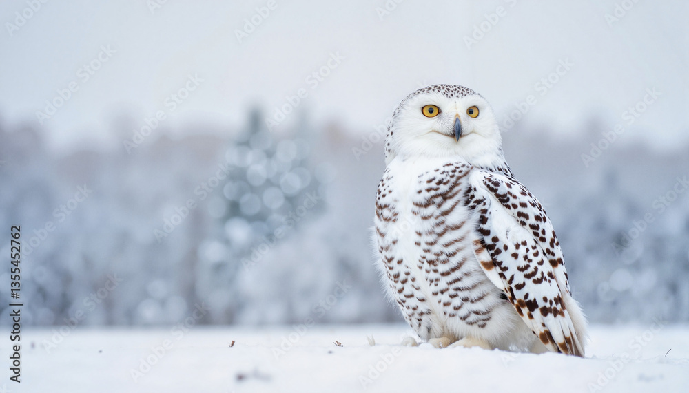 Fototapeta premium Snowy owl in Arctic tundra landscape, winter wildlife beauty