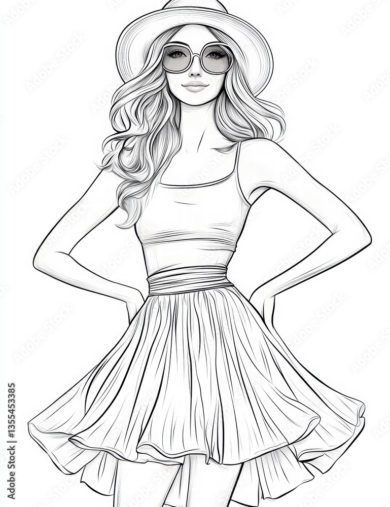 Fototapeta premium Summer Chic: An artistic illustration of a stylish woman radiating summer vibes, elegantly adorned with sunglasses and a sunhat, dressed in a fashionable ensemble. 