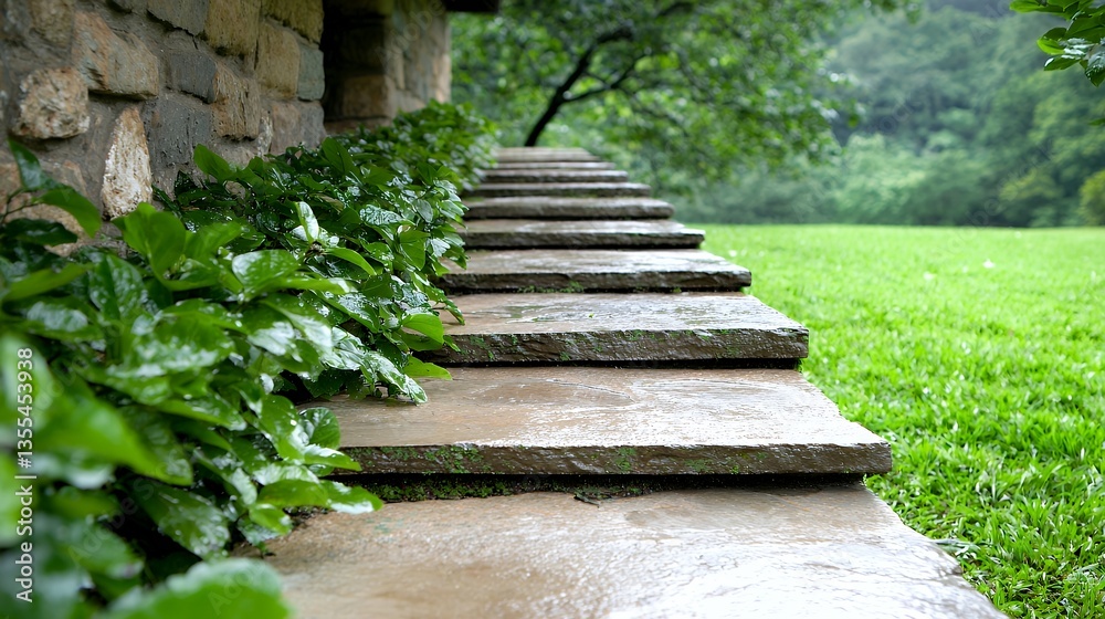 Stone Steps Lined with Greenery Leading to Meadow Garden on Cloudy Day Stone Steps Lined with Greenery Leading to Meadow Garden on Cloudy Day