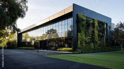 Wallpaper Mural A modern warehouse office with a neutral-toned facade of concrete and glass, featuring sleek vertical gardens on the exterior walls, with expansive parking space and a welcoming pa Torontodigital.ca
