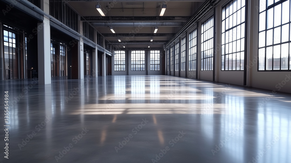 A large, vacant factory floor with rows of windows allowing natural light to flood the space. The smooth concrete floor is spotless, and overhead, modern, energy-efficient lights s A large, vacant factory floor with rows of windows allowing natural light to flood the space. The smooth concrete floor is spotless, and overhead, modern, energy-efficient lights s