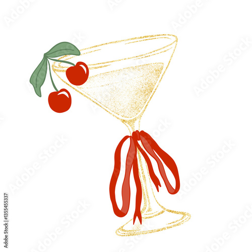 Martini Glass Cherries Coquette Bow Gold Glitter