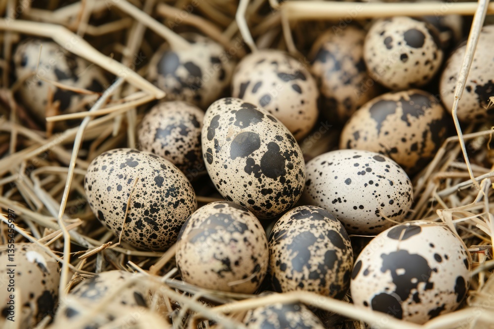 Obraz premium Cluster of quail eggs in nest among stalks. AI generated