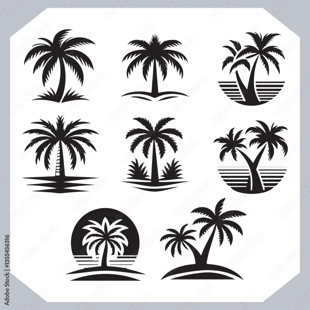 Professional Palm Trees Silhouette and Coconut Tree Vector Logos Black Simple Designs