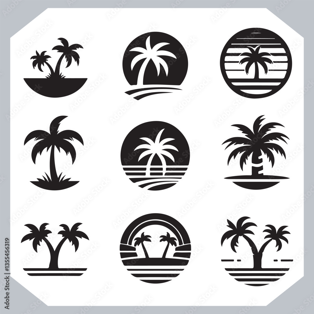 Professional Palm Trees Silhouette and Coconut Tree Vector Logos Black Simple Designs