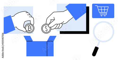 Hands placing coins into a box with cryptocurrency and dollar symbols, near a shopping cart and magnifying glass. Ideal for e-commerce, savings, transactions, investments, digital currency, online