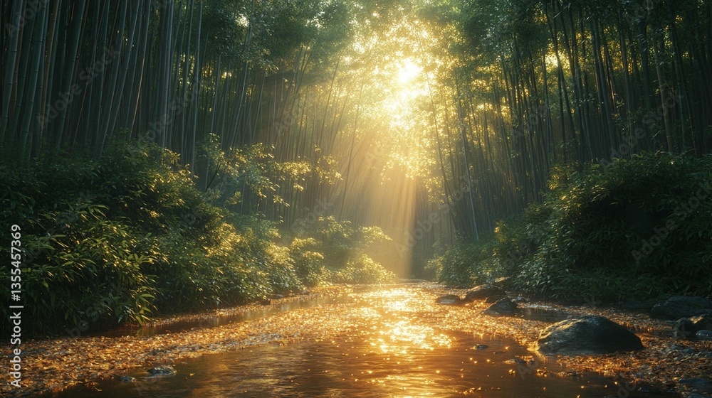 Fototapeta premium Sunbeams illuminate a tranquil stream flowing through a dense bamboo forest.