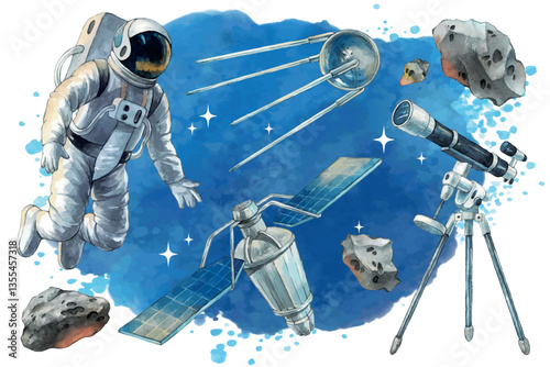 Watercolor set of space illustrations. An astronaut in spacesuit, satellites, telescope, meteorite and a starry sky. Watercolor cosmic illustration