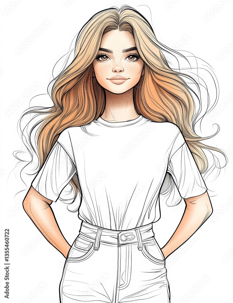 Blonde Beauty: A captivating illustration of a young woman with flowing blonde hair, radiating a sense of natural elegance and timeless beauty. Blonde Beauty: A captivating illustration of a young woman with flowing blonde hair, radiating a sense of natural elegance and timeless beauty.