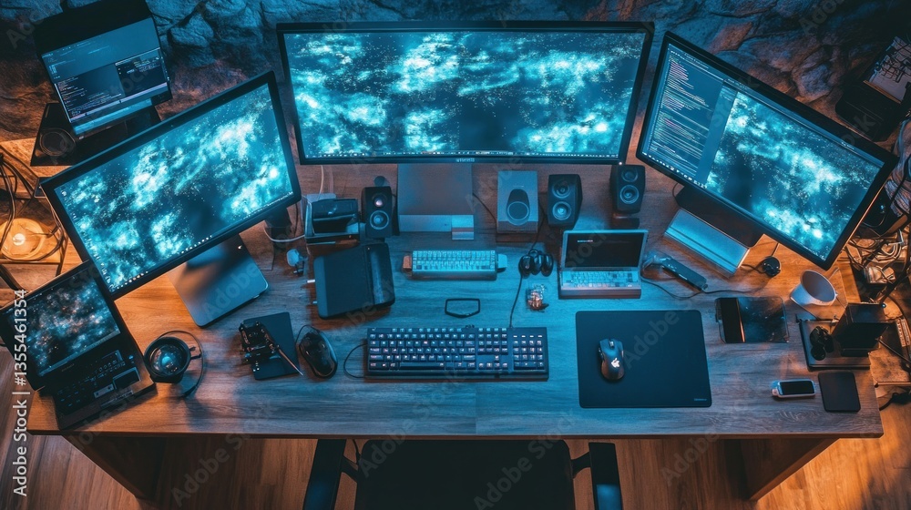 Fototapeta premium HighTech Workspace Setup with Multiple Monitors and Gaming Accessories