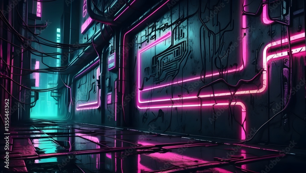 Obraz premium Futuristic neon lit city street at night