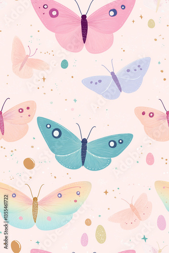 Seamless repeat pattern of moon moths in soft pastel shades