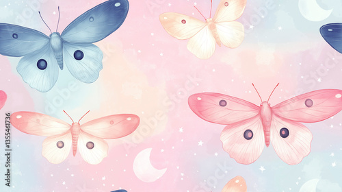 Seamless repeat pattern of moon moths in soft pastel shades