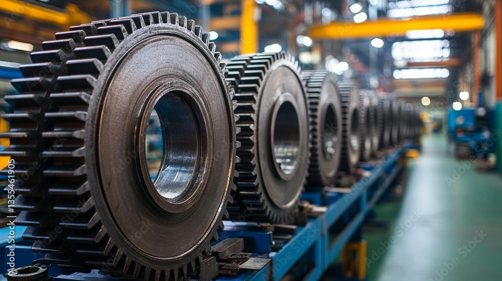 Close-up of large industrial gears on a factory production line.