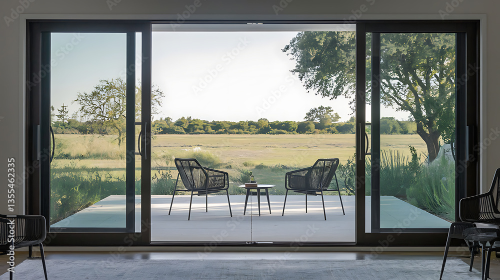 Fototapeta premium Modern patio with sliding glass doors overlooking a grassy field