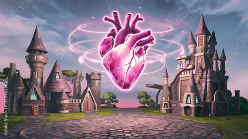 Enchanted castle glowing heart magical realm fantasy scene