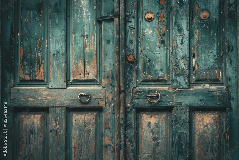 Fototapeta premium Photo of Dark color peeling wooden door of old abandoned residential building. Detailed image