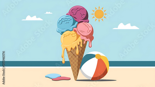 Summer beach scene with melting ice cream cone and beach ball