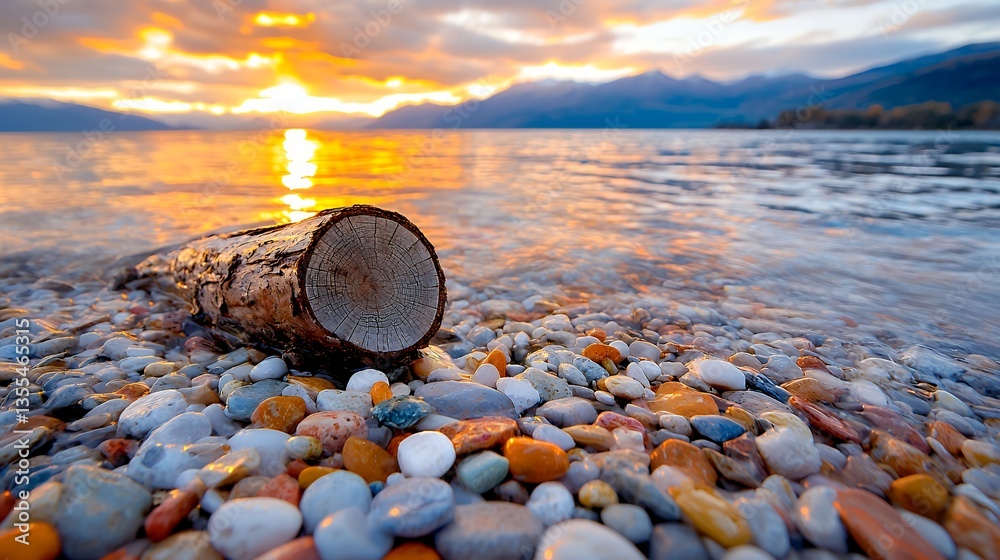 Sunset Over Water with Log and Pebbles Creating a Peaceful Landscape Sunset Over Water with Log and Pebbles Creating a Peaceful Landscape