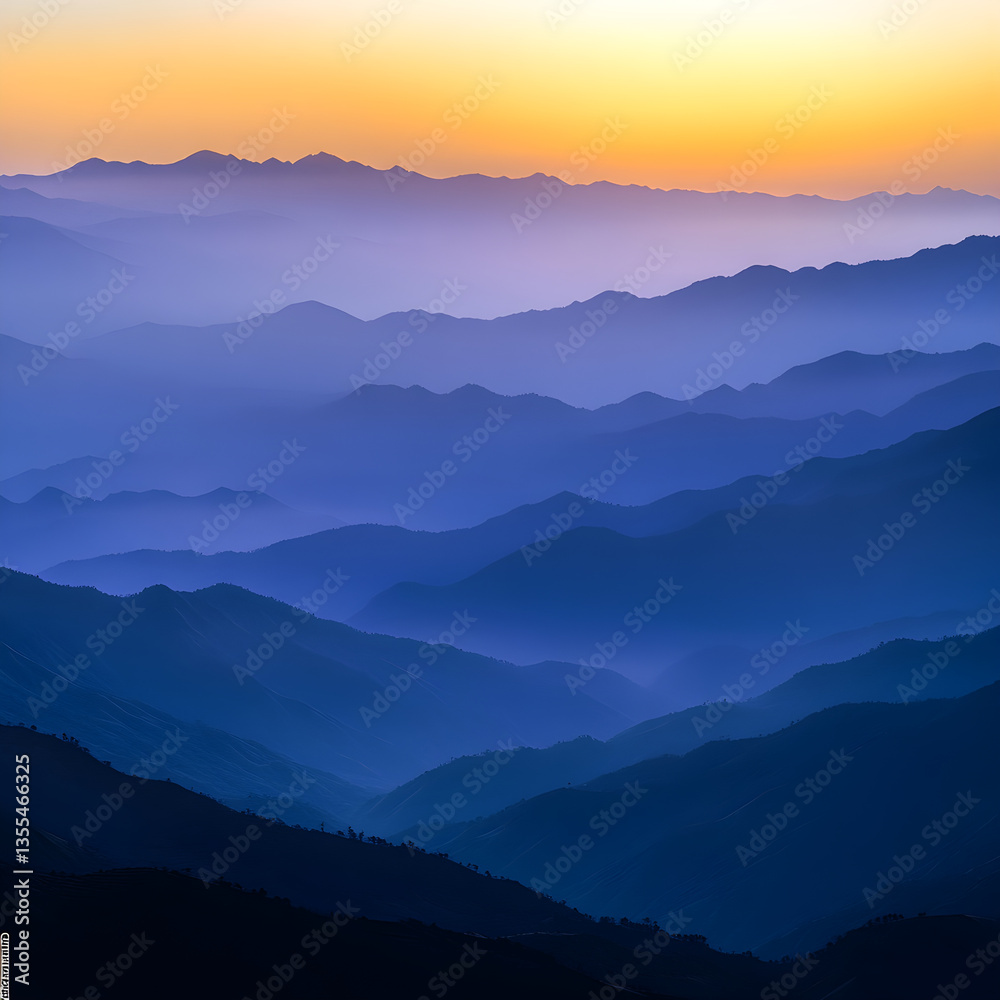 Obraz premium Ethereal Ridge Silhouettes: The Serene Beauty of Layered Mountain Ranges at Dusk