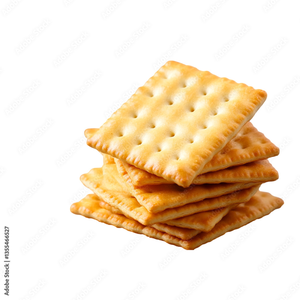 A stack of golden brown square crackers with small holes on a black background in a studio shot A stack of golden brown square crackers with small holes on a black background in a studio shot