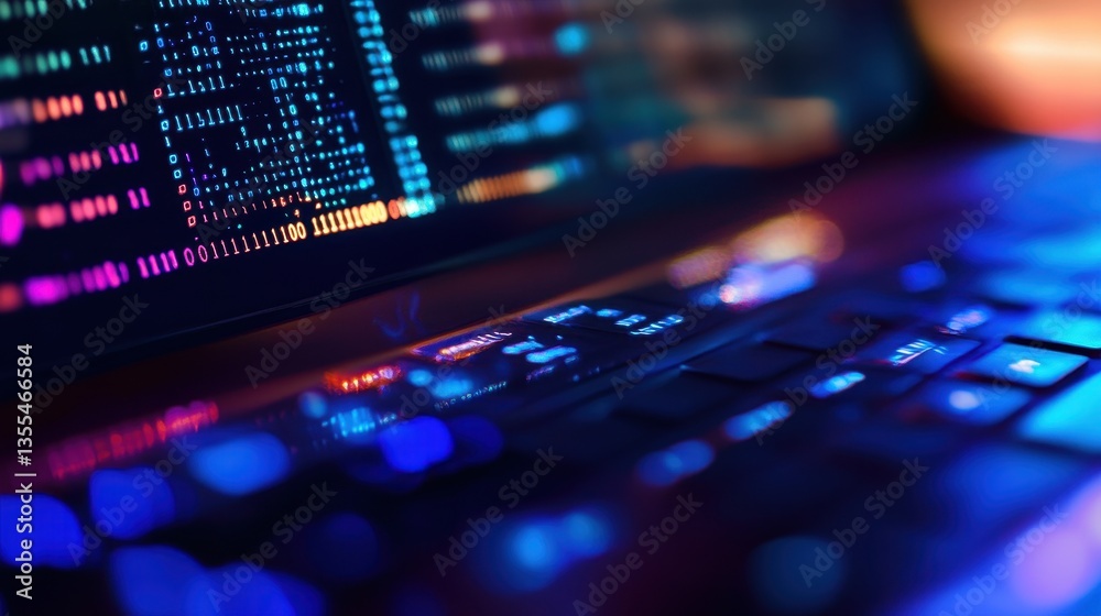 Neon Glow Coding on Laptop in Dark Room. Neon Glow Coding on Laptop in Dark Room.