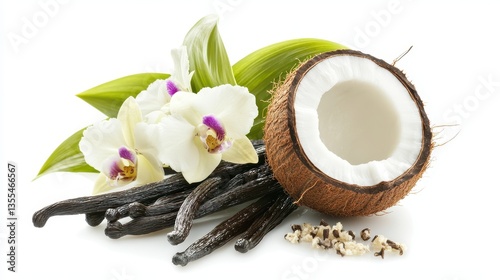 Aromatic Vanilla Pods with Coconut  Orchid on White.