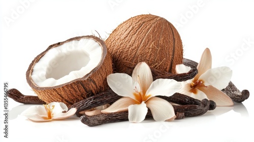 Tropical Delight Coconut with Vanilla  Frangipani on White.