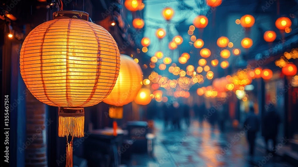 Illuminated lanterns line a dimly lit street, creating a warm, inviting ambiance. People stroll through the blurred background Illuminated lanterns line a dimly lit street, creating a warm, inviting ambiance. People stroll through the blurred background