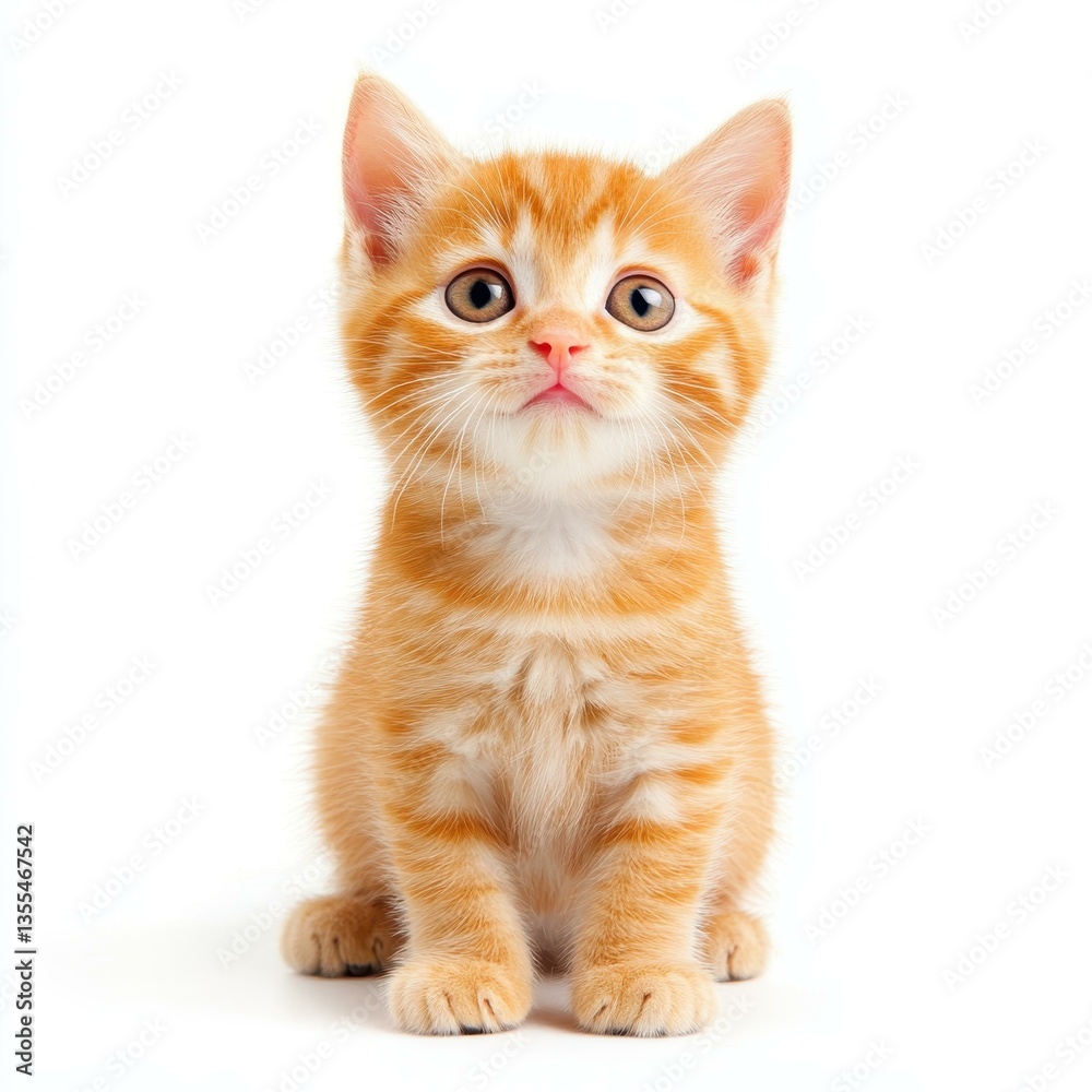 Obraz premium Adorable kitten sitting on a clean white backdrop, showcasing its playful charm and fluffy fur.