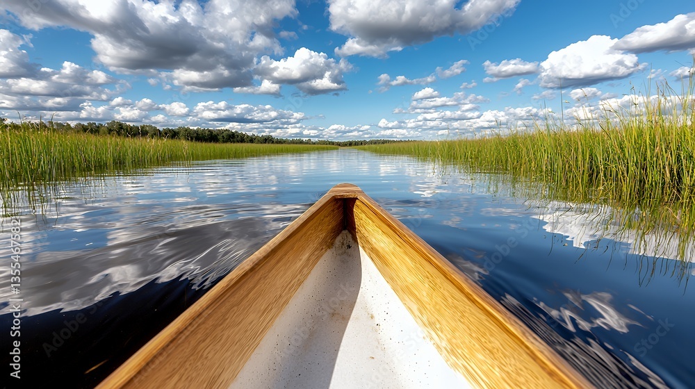 Canoe Journey on Calm Waterway with Reeds and Dramatic Cloudscape Canoe Journey on Calm Waterway with Reeds and Dramatic Cloudscape