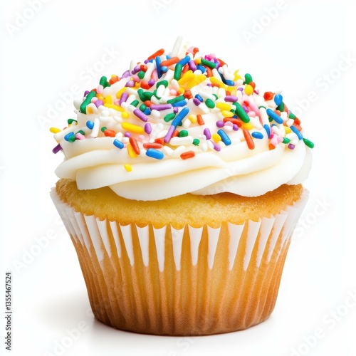 Delicious cupcake, topped with creamy icing, showcases vibrant colors against a clean white background, making it pop