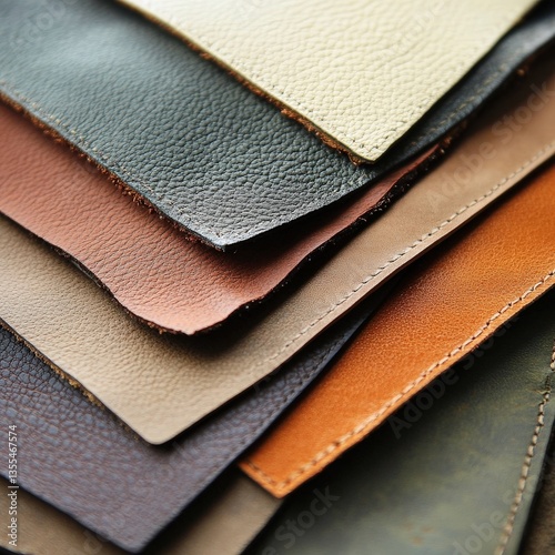 Assorted Leather Pieces Close-up of stacked colorful leather scraps, in a workshop